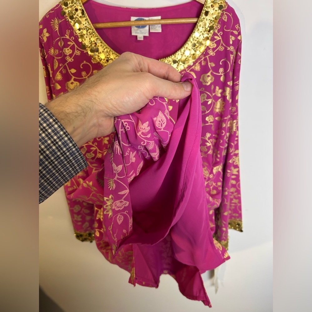 NWT VTG Diane Gilman Fuchsia and Gold Floral Tunic Beaded Blouse Size 2X Floral - Picture 9 of 16